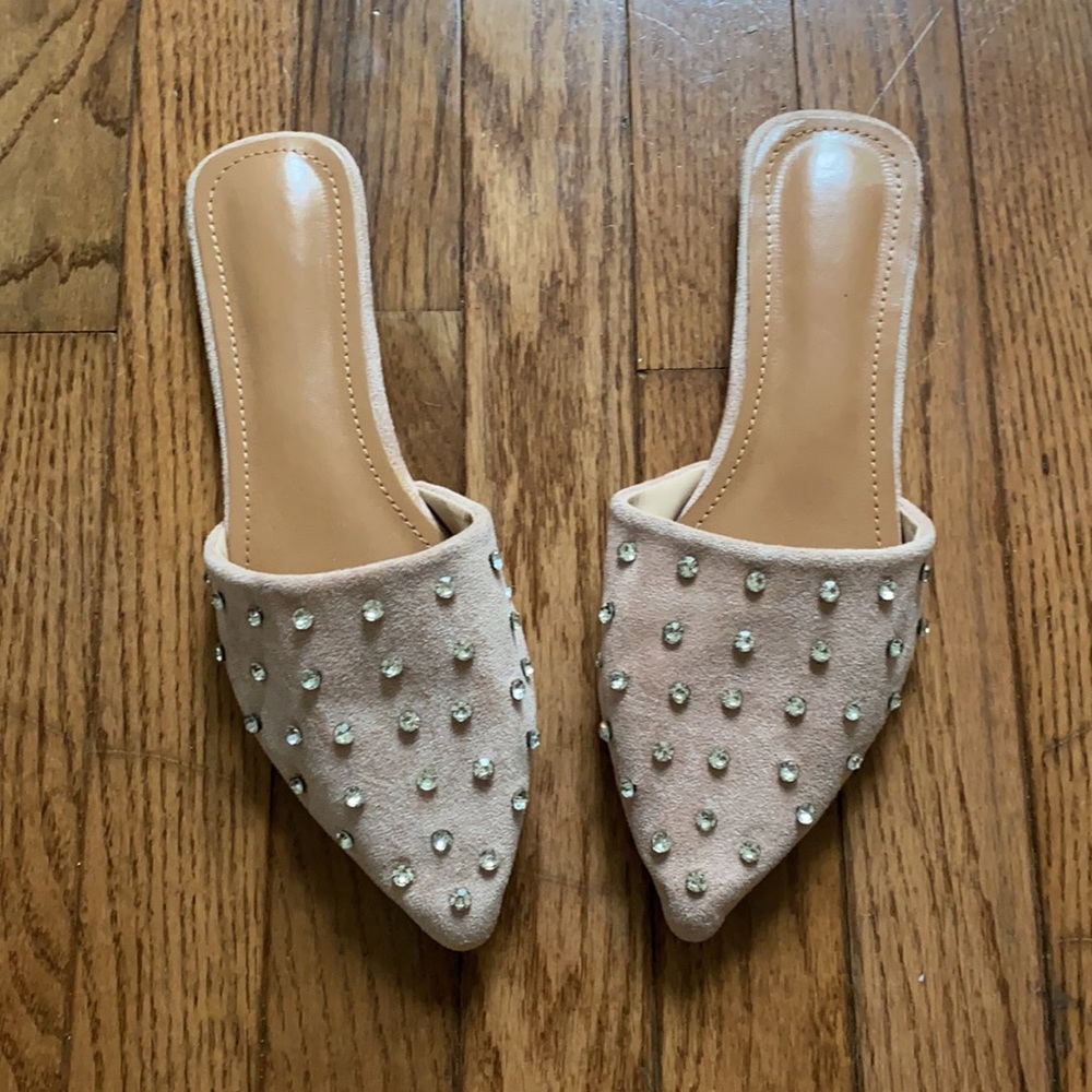 SHEIN PINK RHINESTONE FLAT SLIP-ON MULES